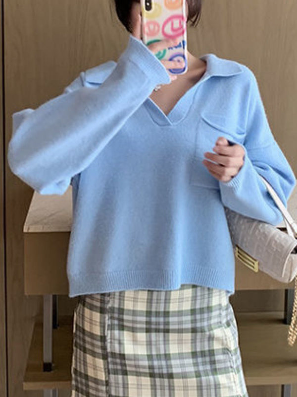 Casual Simple 6 Colors V-Neck Long Sleeves Sweater Top