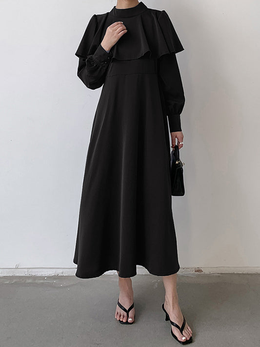 A-Line Long Sleeves Ruffle Trim Solid Color Tied Waist Mock Neck Midi Dresses