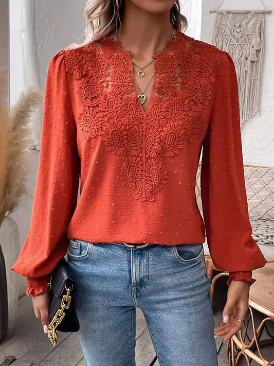 Loose Puff Sleeves Elasticity Hollow Jacquard Solid Color Split-Joint V-Neck Blouses&Shirts Tops