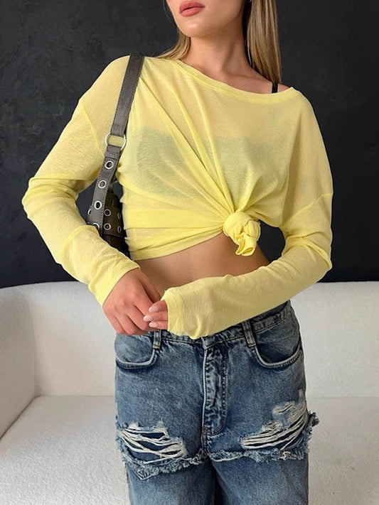 Long Sleeves Loose Solid Color Round-Neck T-Shirts Tops