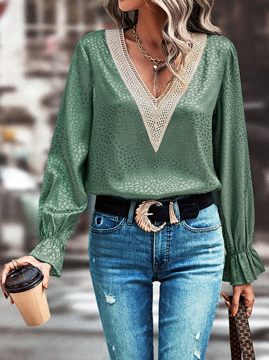 Long Sleeves Loose Elasticity Hollow Jacquard Leopard Split-Joint V-Neck Blouses&Shirts Tops