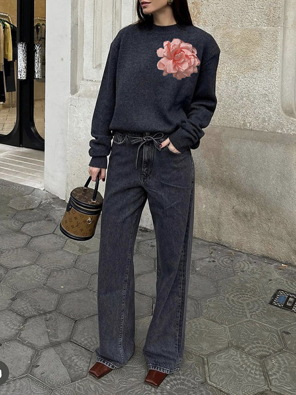 Long Sleeves Loose Flower Shape Split-Joint Round-Neck Sweater Tops