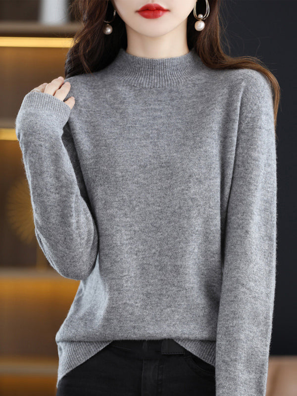 Casual Long Sleeves Solid Color Half Turtleneck Sweater Tops