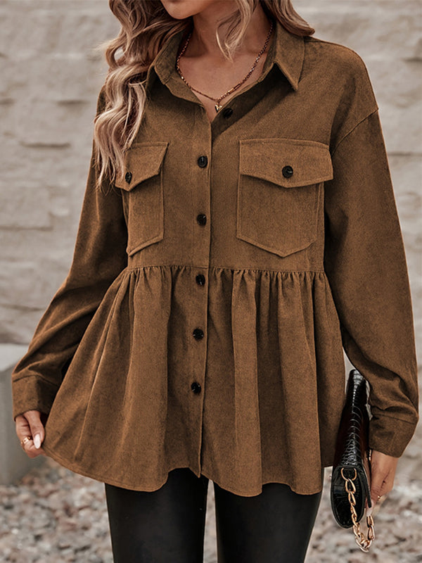 A-Line Long Sleeves Buttoned Pleated Pockets Solid Color Split-Joint Lapel Outerwear
