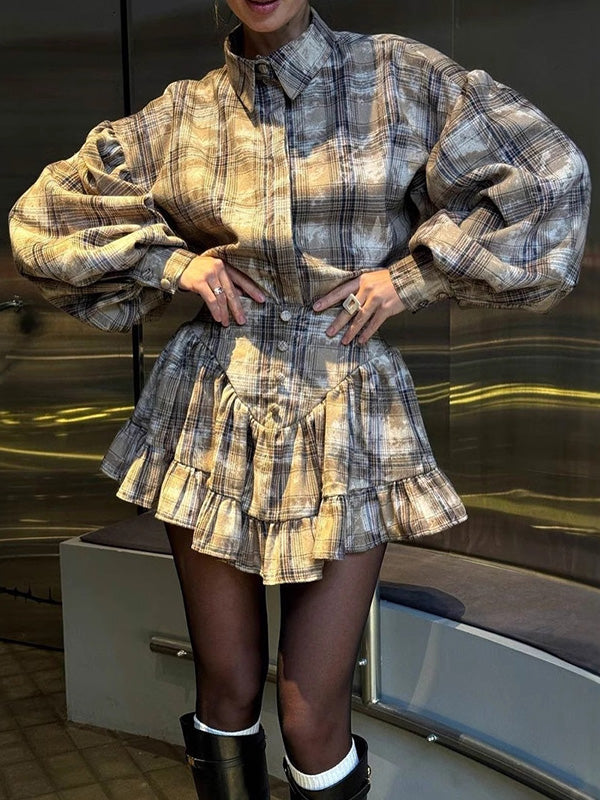 Loose Plaid Puff Sleeves Split-Joint Lapel Blouse + Pleated Ruffled Miniskirts Two Pieces Set