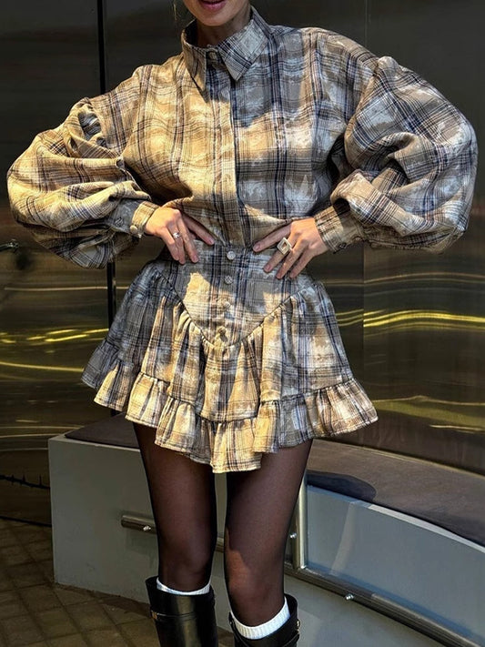 Loose Plaid Puff Sleeves Split-Joint Lapel Blouse + Pleated Ruffled Miniskirts Two Pieces Set