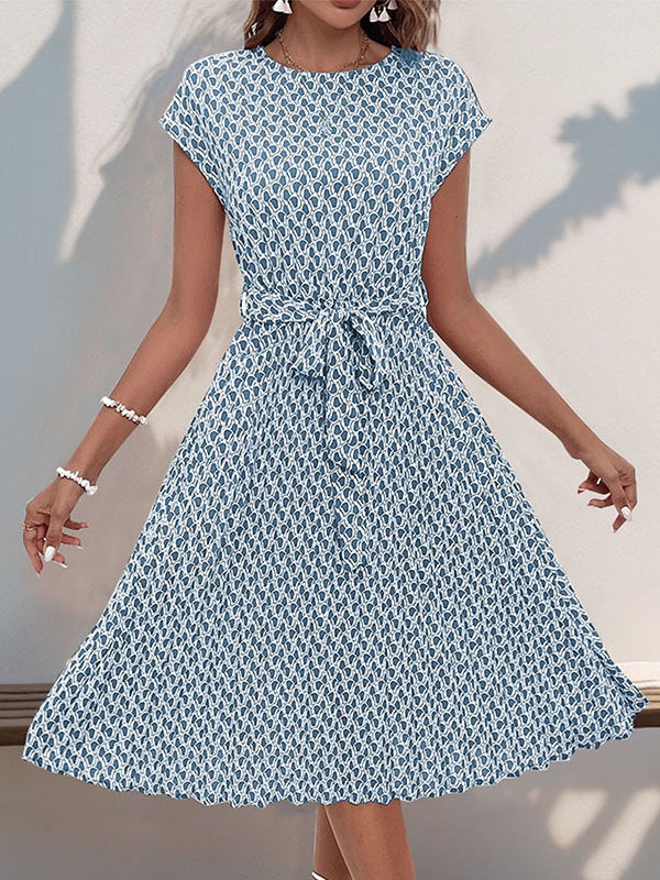 Loose Raglan Sleeve Printed Tied Waist Round-Neck Midi Dresses