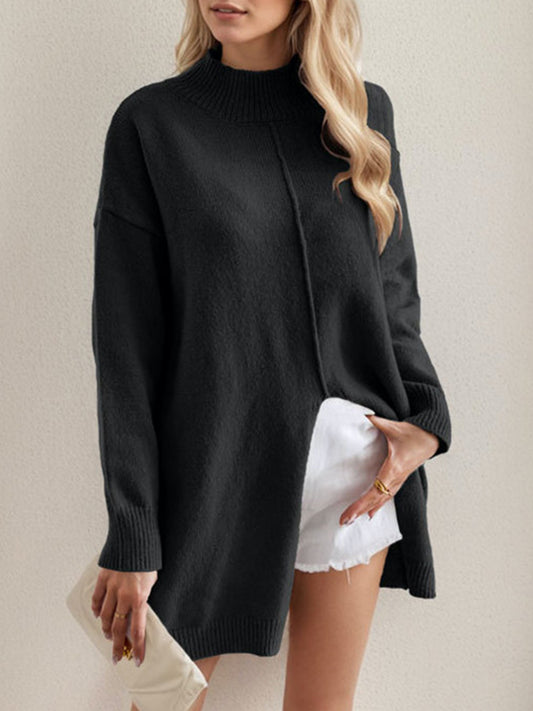 Long Sleeves Loose Solid Color Split-Front Split-Joint Mock Neck Sweater Tops