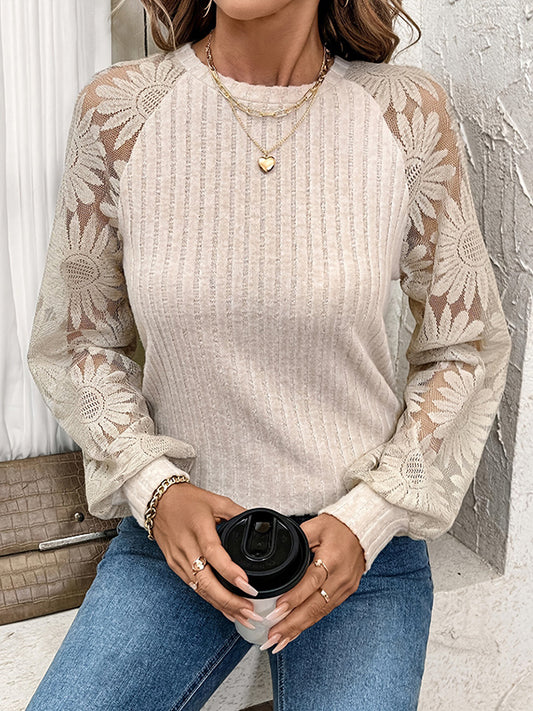 Long Sleeves Loose See-Through Split-Joint Round-Neck T-Shirts Tops