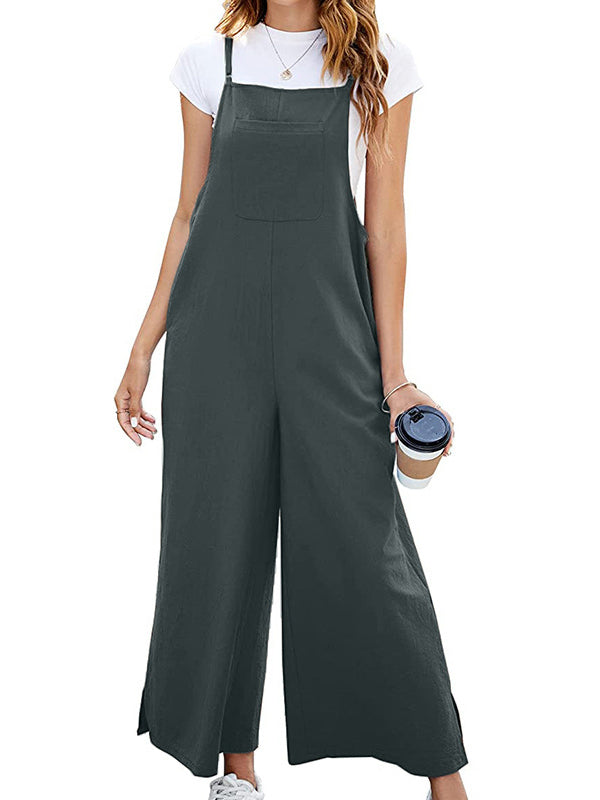 Loose Ninth Pants Pockets Solid Color Split-Side Spaghetti-Neck Overalls