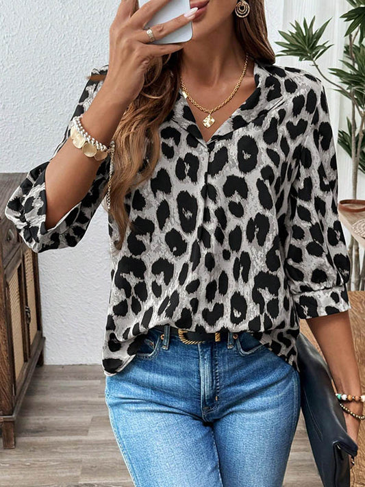 Loose Three-Quarter Sleeves Leopard Pleated Split-Joint Lapel Blouses&Shirts Tops