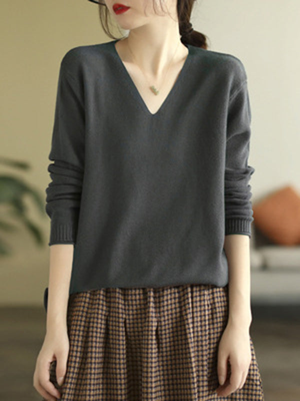 Long Sleeves Loose Solid Color V-Neck Sweater Tops