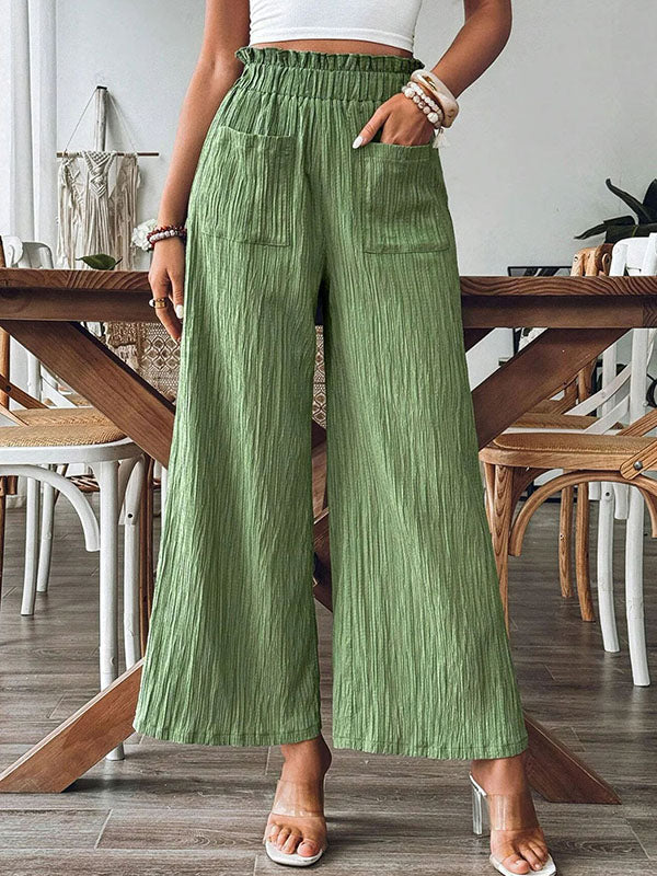 Loose Wide Leg Elasticity Pleated Pockets Solid Color Split-Joint Pants Trousers