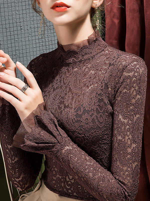 Flared Sleeves Long Sleeves See-Through Solid Color Split-Joint Mock Neck T-Shirts Tops