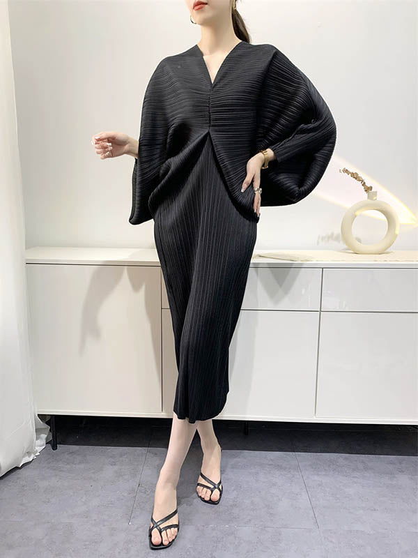Original Creation Loose Batwing Sleeves Pleated Solid Color V-Neck Midi Dresses