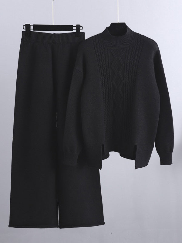 Urban Loose Split-Side Half Turtleneck Sweater Tops& Wide Leg Pants Two Pieces Set