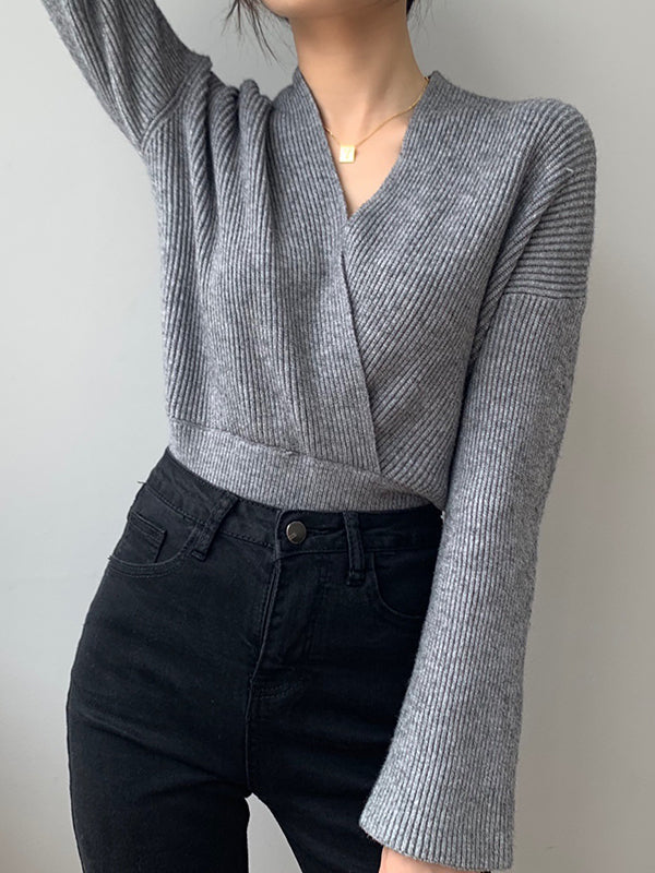 Long Sleeves Asymmetric Solid Color V-Neck Knitwear Pullovers Sweater