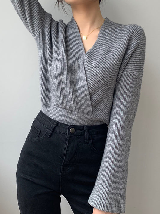 Long Sleeves Asymmetric Solid Color V-Neck Knitwear Pullovers Sweater