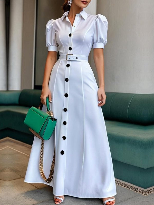 Puff Sleeves Short Sleeves Belted Buttoned Solid Color Lapel Maxi Dresses Shirt Dress