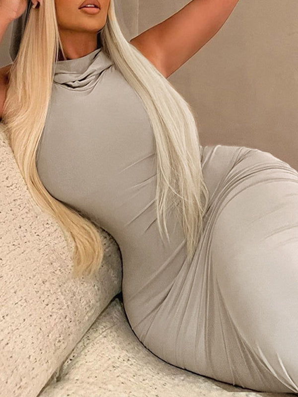 Bodycon High Waisted Hooded Solid Color Split-Back Maxi Dresses