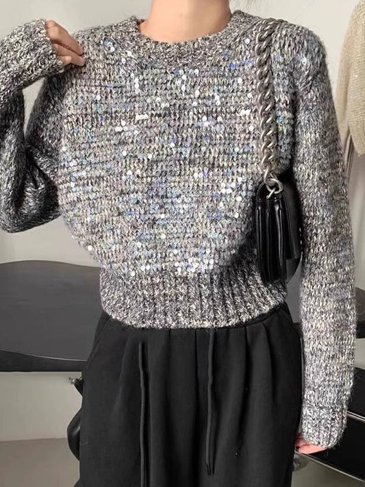 Long Sleeves Loose Sequined Split-Joint Round-Neck Pullovers Sweater Tops