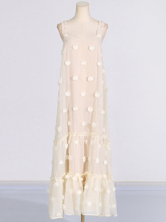 A-Line High Waisted Layered Pleated Split-Joint Three-Dimensional Flower Spaghetti-Neck Maxi Dresses