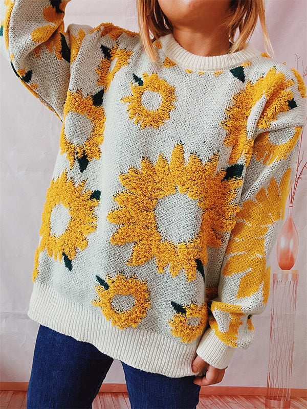 Long Sleeves Loose Contrast Color Knitted Flower Split-Joint Round-Neck Pullovers Sweater Tops