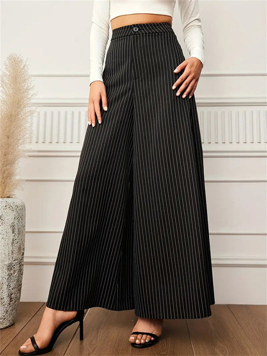 High Waisted Wide Leg Buttoned Split-Joint Striped Pants Trousers