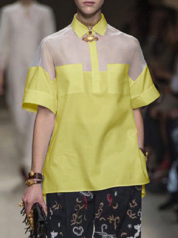 Short Sleeves See-Through Solid Color Split-Joint Lapel Blouses&Shirts Tops
