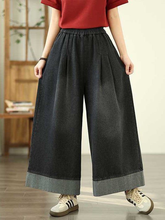 Loose Wide Leg Elasticity Pleated Pockets Jean Pants Bottoms Trousers