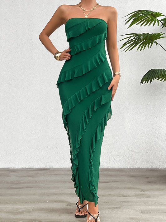 Bodycon High Waisted Ruffle Trim Solid Color Split-Back Split-Joint Tube Maxi Dresses