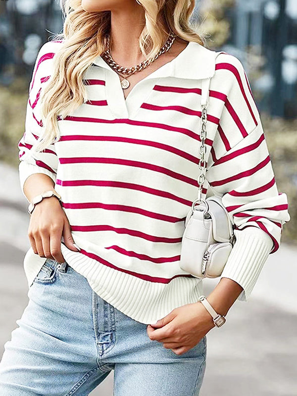 Long Sleeves Loose Split-Joint Striped Lapel Sweater Tops