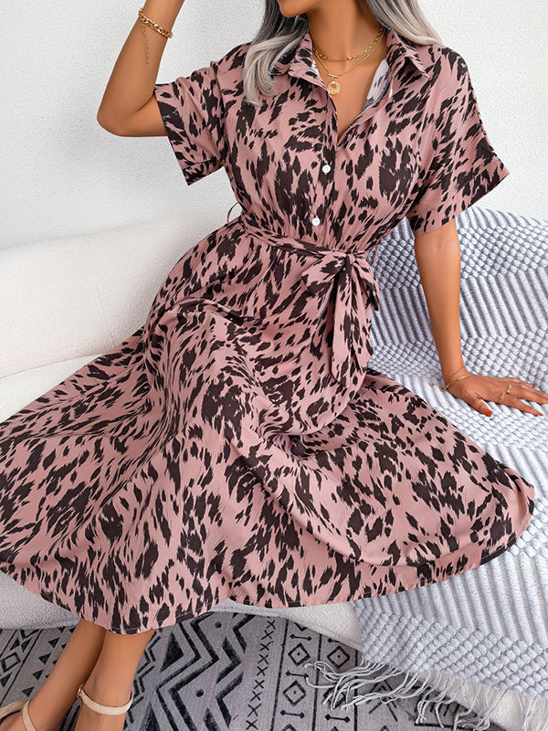 Loose Short Sleeves Leopard Ribbed Lapel Midi Dresses