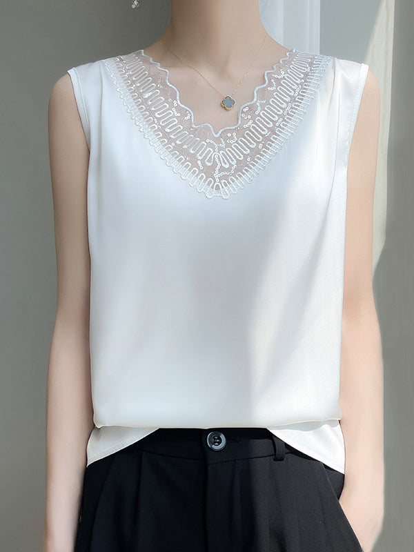 Loose Plus Size See-Through Solid Color Split-Joint Round-Neck Vest Top