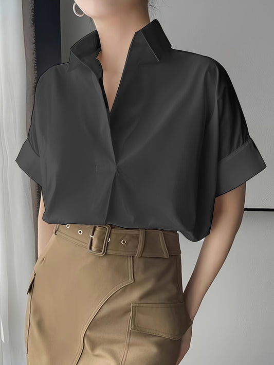 Loose Short Sleeves Solid Color Lapel Blouses&Shirts Tops