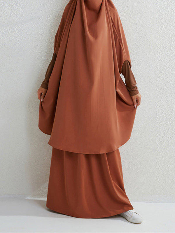 Batwing Sleeves Long Sleeves Muslim Solid Color High Neck Shirts Top + Skirts Bottom Two Pieces Set