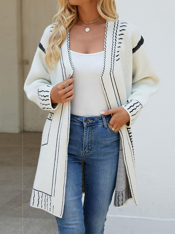 Long Sleeves Loose Jacquard Split-Joint V-Neck Cardigan Tops