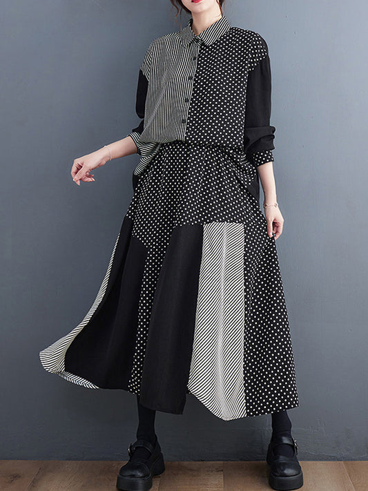 Loose Oversize Striped Polka-Dot Split-Joint Blouse Top A-Line Skirt Bottom Two Pieces Set