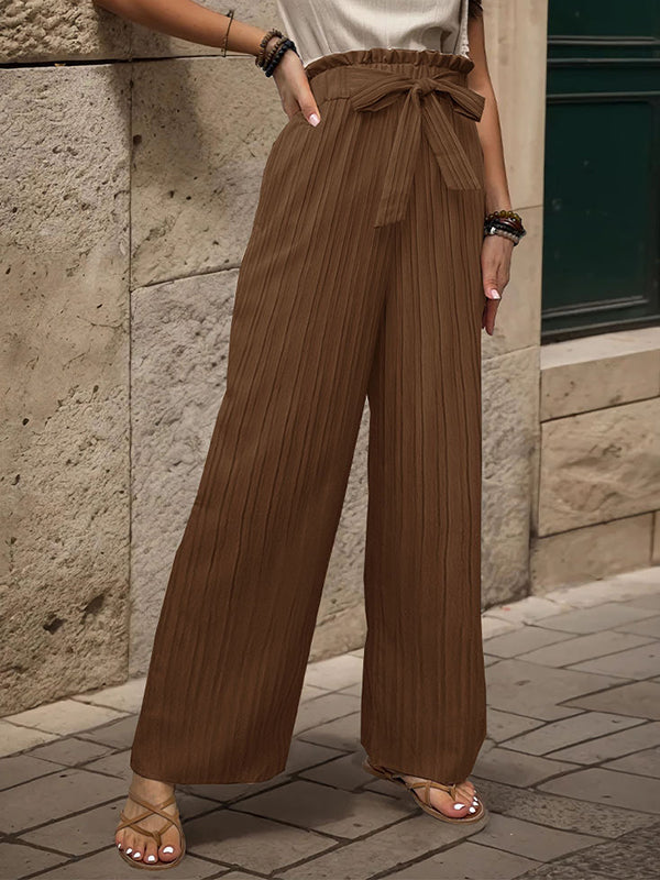 High Waisted Loose Elasticity Pleated Solid Color Tied Waist Pants Trousers