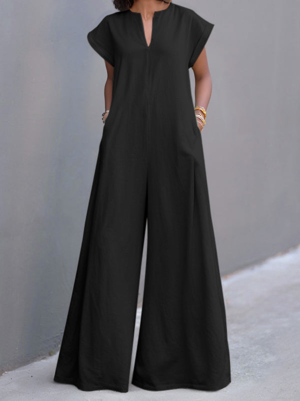 High Waisted Loose Pleated Pockets Solid Color V-Neck Jumpsuits