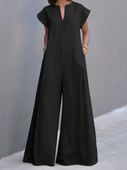 High Waisted Loose Pleated Pockets Solid Color V-Neck Jumpsuits