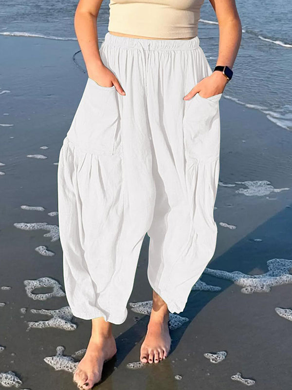 High Waisted Loose Drawstring Elasticity Pleated Pockets Solid Color Ninth Pants Trousers