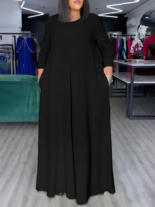 Loose Wide Leg Pockets Solid Color Round-Neck Jumpsuits