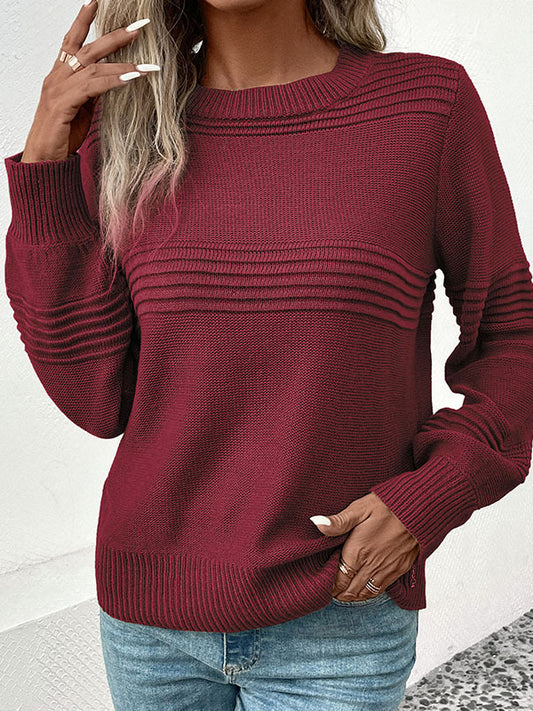 Long Sleeves Loose Solid Color Split-Joint Round-Neck Pullovers Sweater Tops