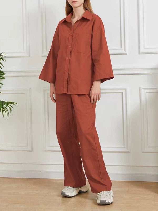 Loose Solid Color Split-Joint Long Sleeves Lapel Blouse + Pants Two Pieces Set