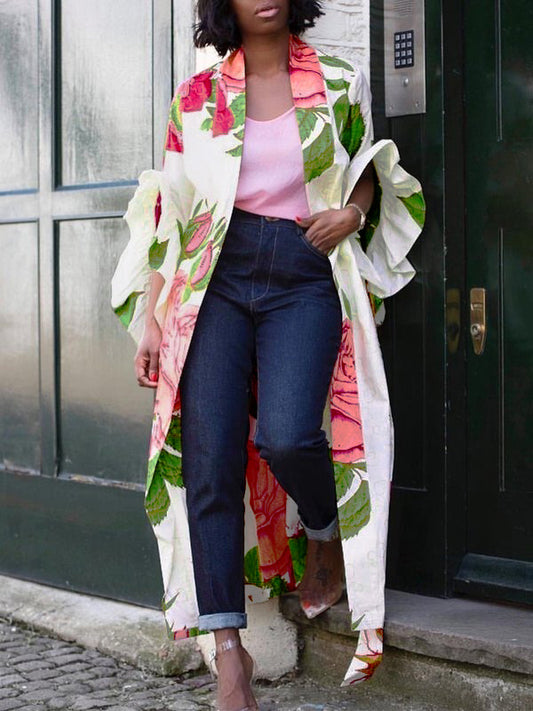 Flared Sleeves Long Sleeves Elasticity Flower Print Split-Joint Tied Waist Collarless Outerwear