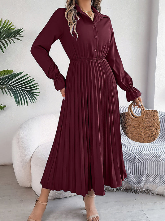 A-Line Flared Sleeves Buttoned Elasticity Pleated Solid Color Lapel Maxi Dresses