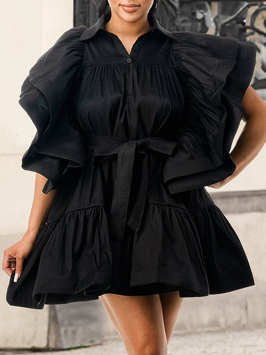 A-Line High Waisted Buttoned Pleated Ruffled Solid Color Tied Waist Lapel Mini Dresses