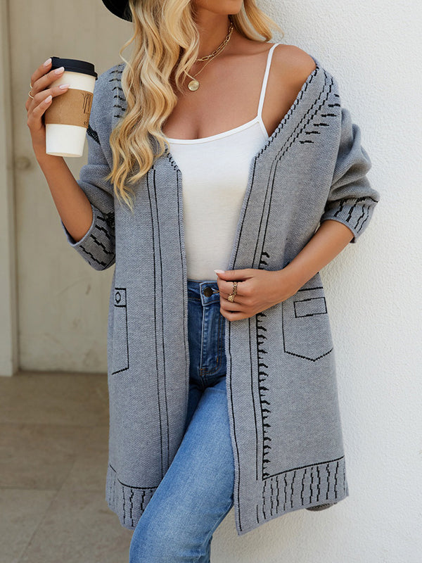 Long Sleeves Loose Jacquard Split-Joint V-Neck Cardigan Tops