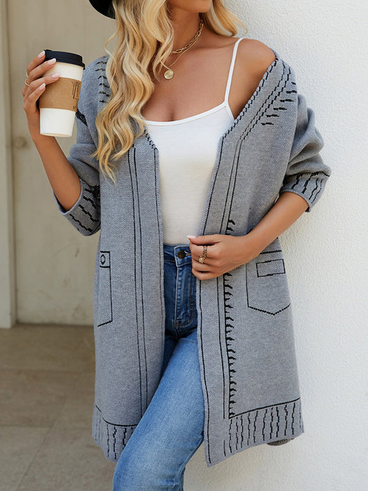 Long Sleeves Loose Jacquard Split-Joint V-Neck Cardigan Tops